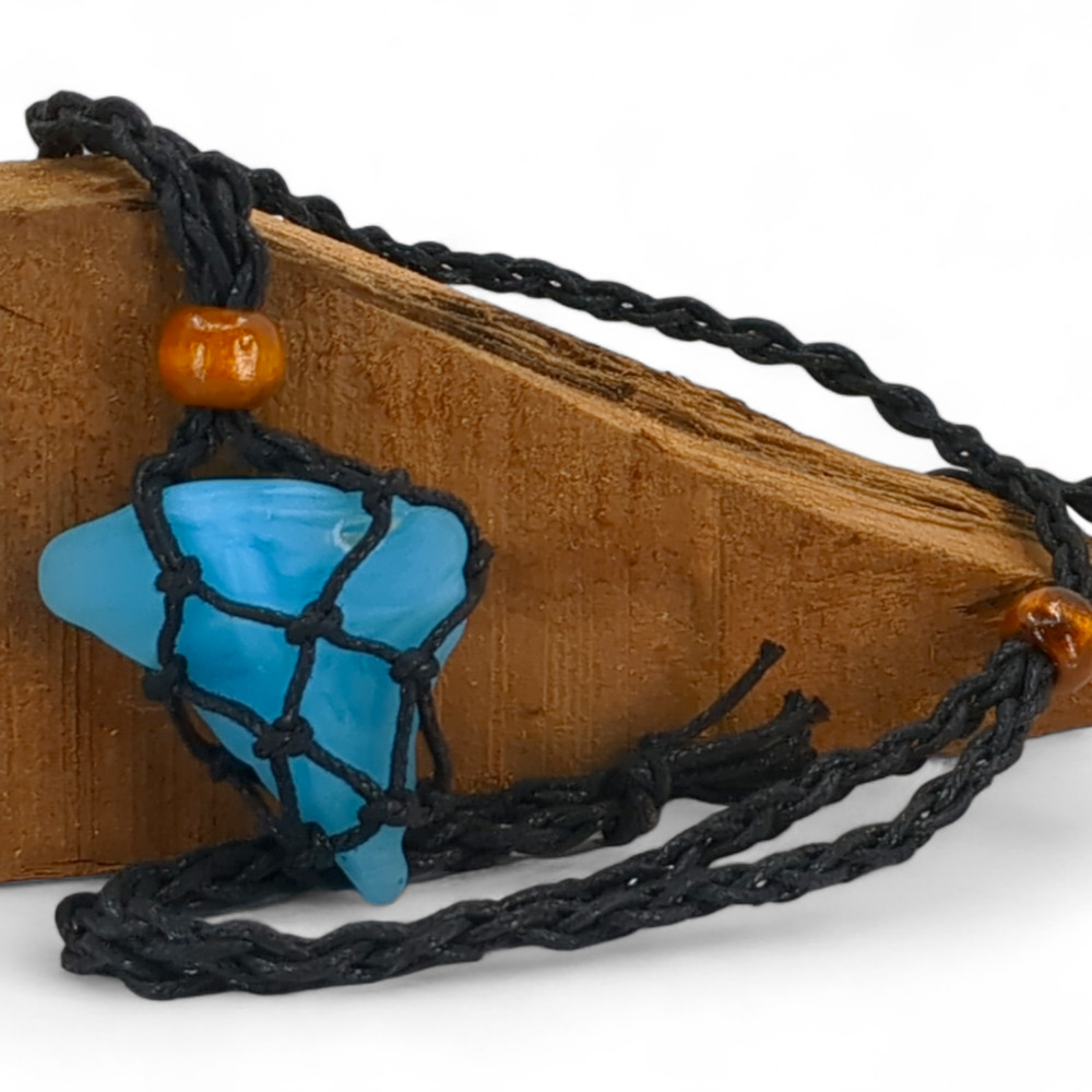 Tumbled Satin Blue Art Glass Pendant Necklace Black Braided Cord Wood Bead J2417